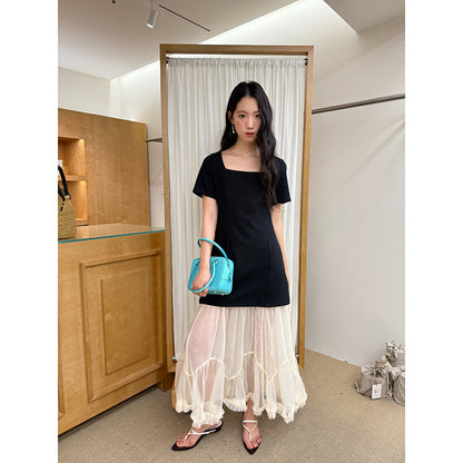 Hepburn mesh stitching short-sleeved square neck dress