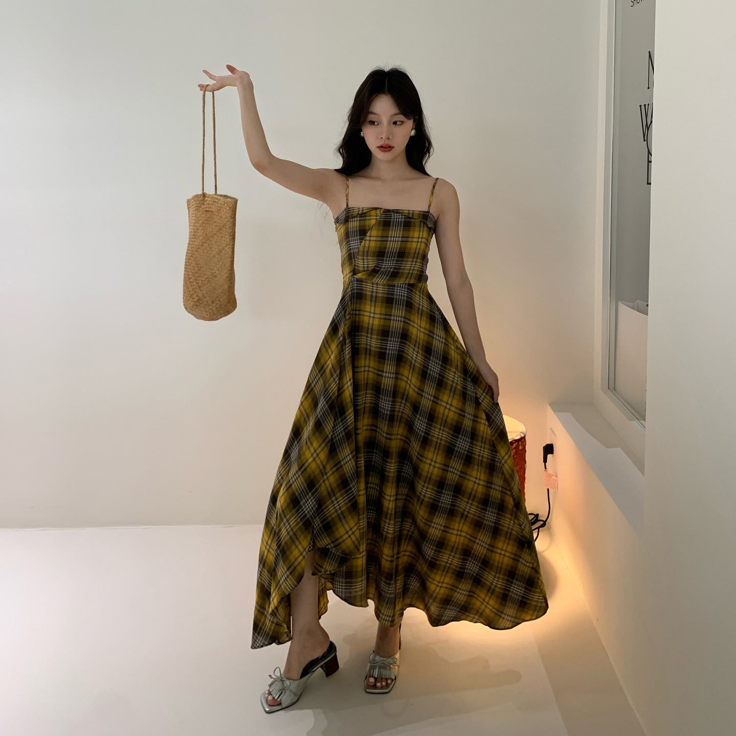Spice Girl Dark Gold Checkered Irregular Suspender Dress