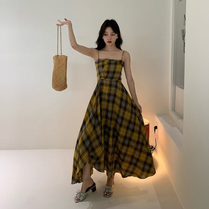 Spice Girl Dark Gold Checkered Irregular Suspender Dress