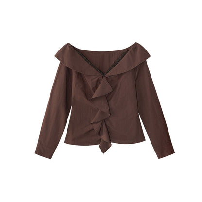 French Sweet Lace V-Neck Long Sleeve Ruffle Shirt