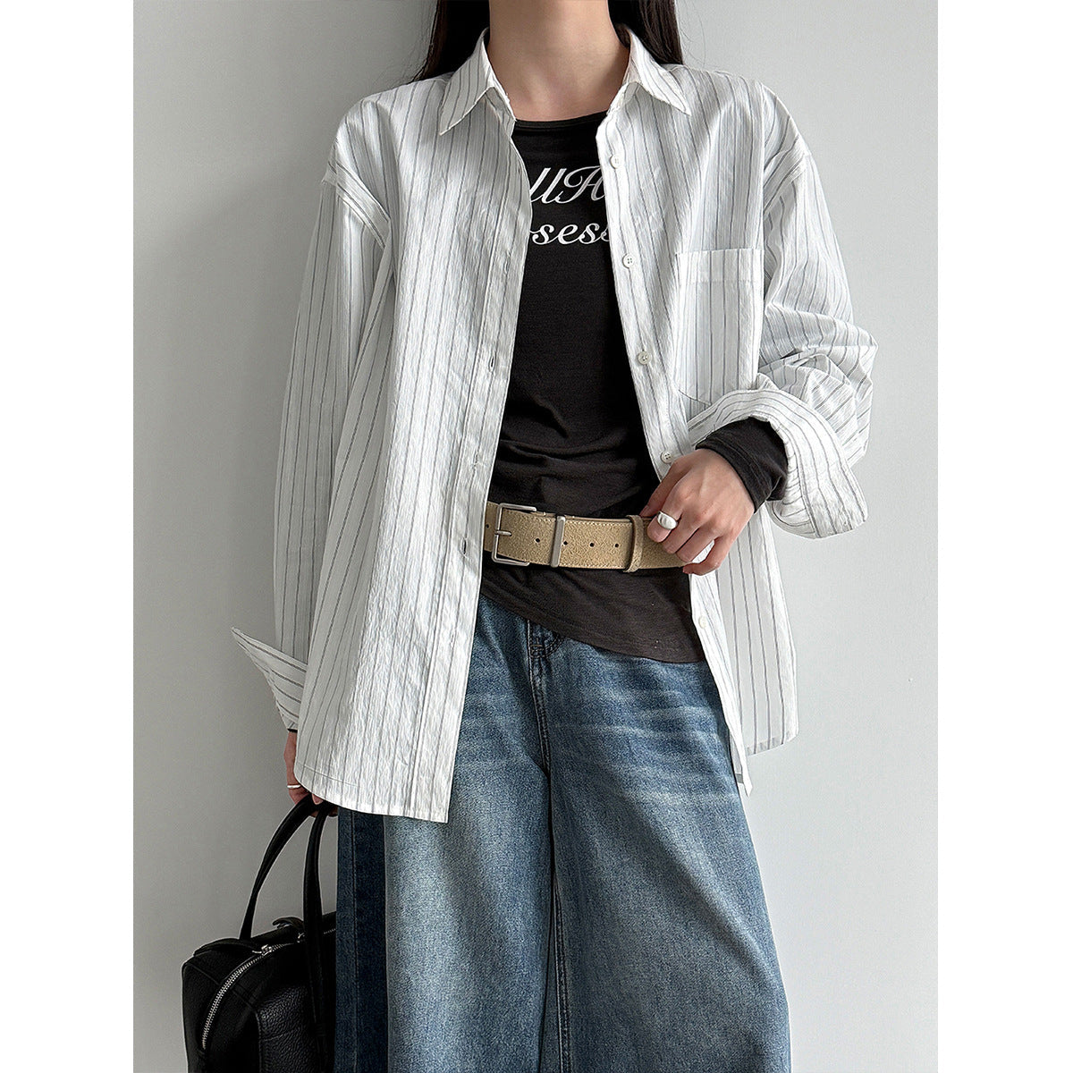 Irregular letter-printed slim-fit bottoming shirt Thin pleated Tencel wool long-sleeved T-shirt