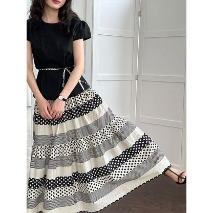 Korean simple flying sleeve top summer new polka dot contrasting color splicing skirt set