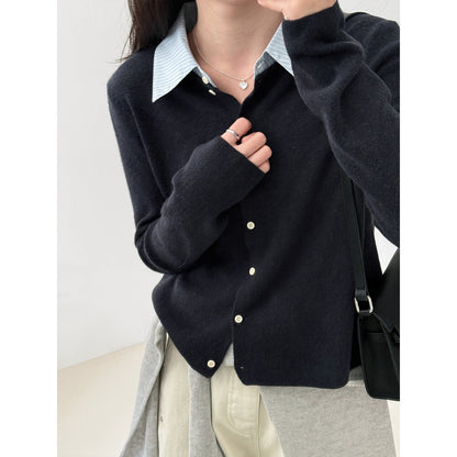 Fake two-piece splicing knitted cardigan women's Spring Festival lazy wind contrasting color shirt collar wide top