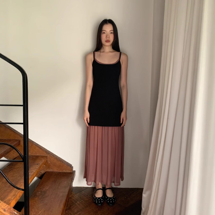 French mesh stitching shows thin contrasting color minimalist suspender dress