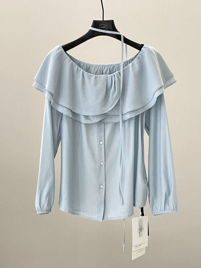 Gentle wind shoulder shirt spring haze blue lotus leaf edge covering meat and thin top
