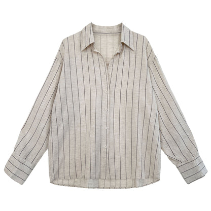 Korean casual temperament striped linen long-sleeved shirt jacket women's early autumn new old money style top