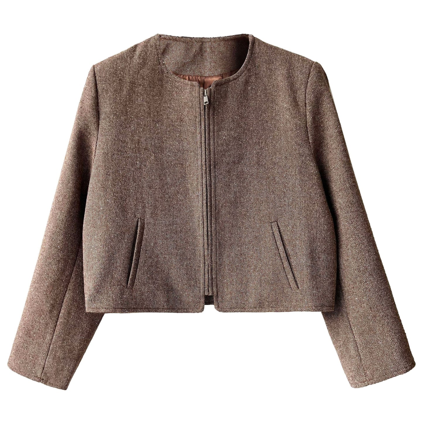 Korean wool woolen round neck small fragrant short coat women's 2025 autumn new zipper jacket top 8698