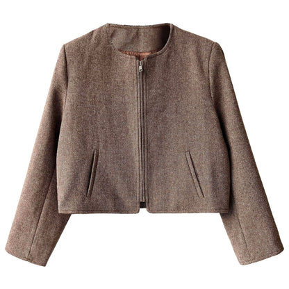 Korean wool woolen round neck small fragrant short coat women's 2025 autumn new zipper jacket top 8698