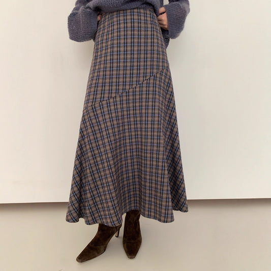 Cotton high-waisted A-line contrasting plaid skirt