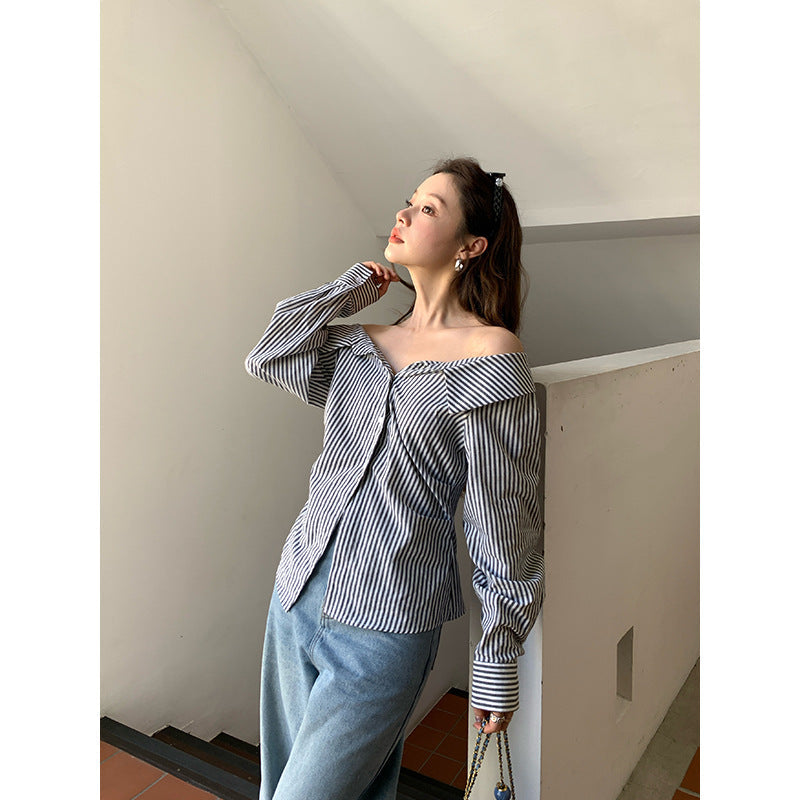 Fashion pure desire temperament one-word shoulder striped shirt