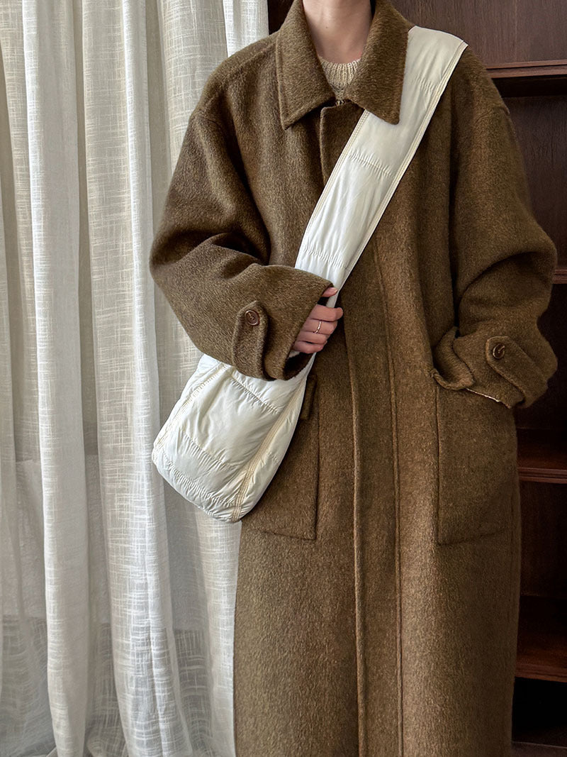 100% wool lapel zipper double-sided woolen coat women's design silhouette double patch bag long coat