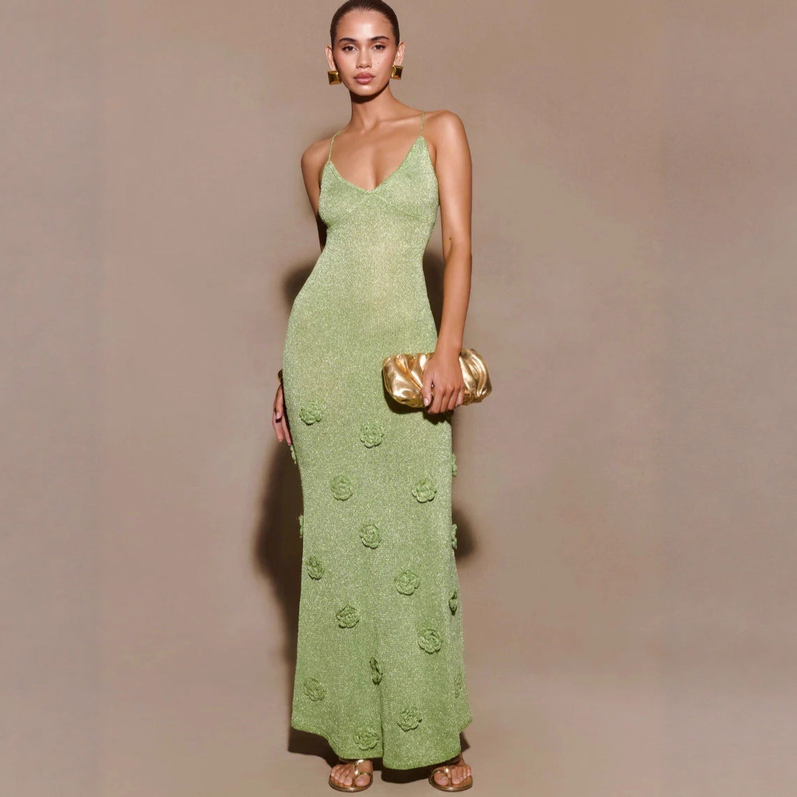 Fashion vacation style knitted hip skirt three-dimensional flower backless sexy dress
