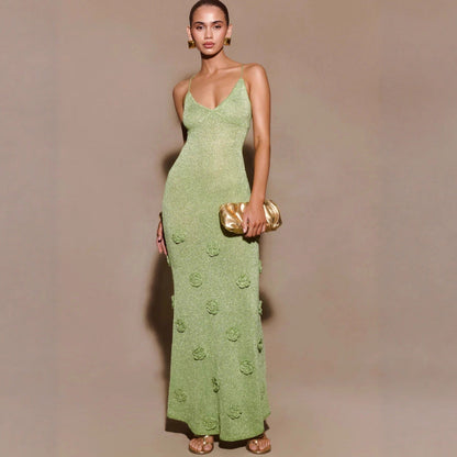 Fashion vacation style knitted hip skirt three-dimensional flower backless sexy dress