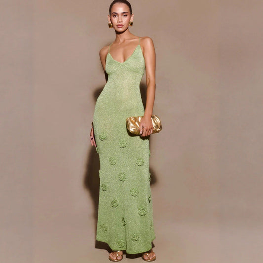 Fashion vacation style knitted hip skirt three-dimensional flower backless sexy dress