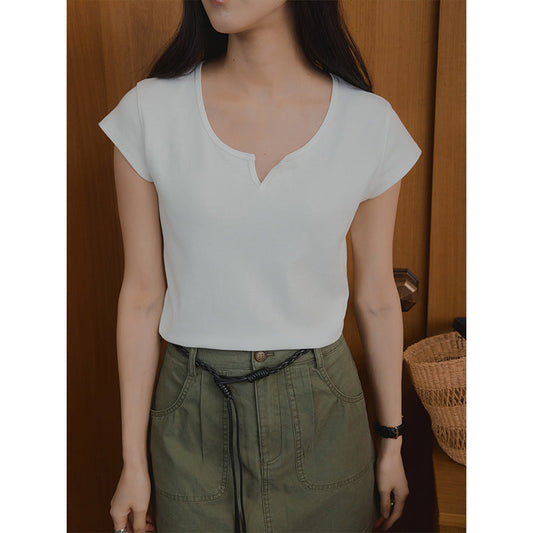 V-mouth round neck small flying sleeves skin-friendly short-sleeved T-shirt women's top