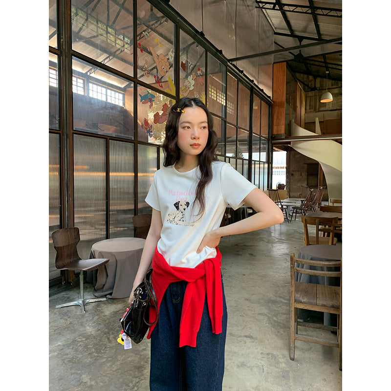 Sweet age-reducing girly style cartoon print cute short-sleeved T-shirt