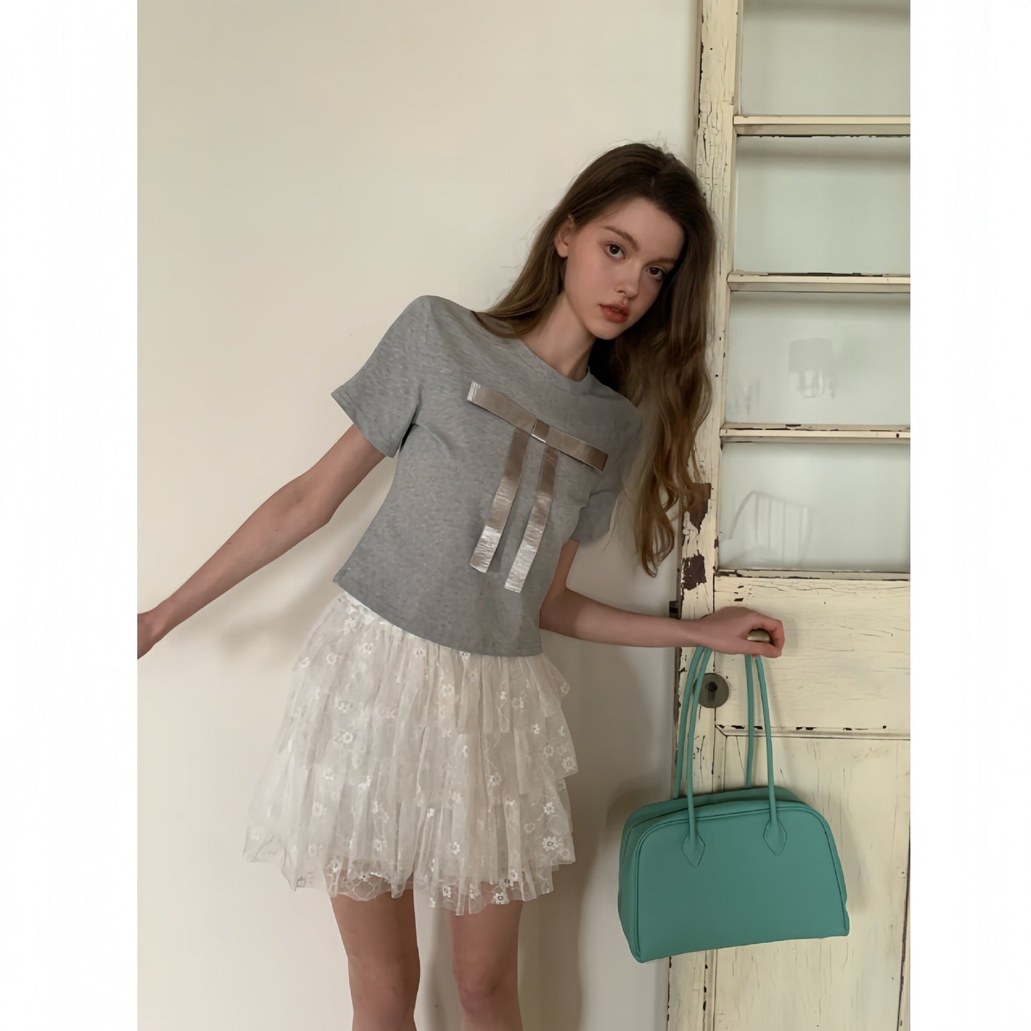 Early spring French slimming versatile slim bow short-sleeved T-shirt