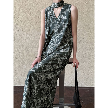 Retro V-neck sleeveless lace-up dress women's spring new loose-print casual vest skirt