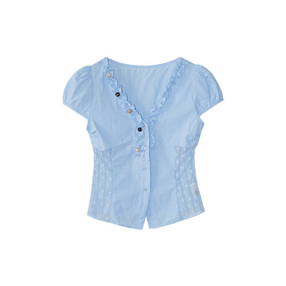 Sweet age-reducing fungus edge design slim-fitting short-sleeved shirt