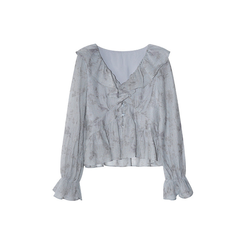 Autumn French age-reducing waist design long-sleeved v-neck ruffle edge shirt