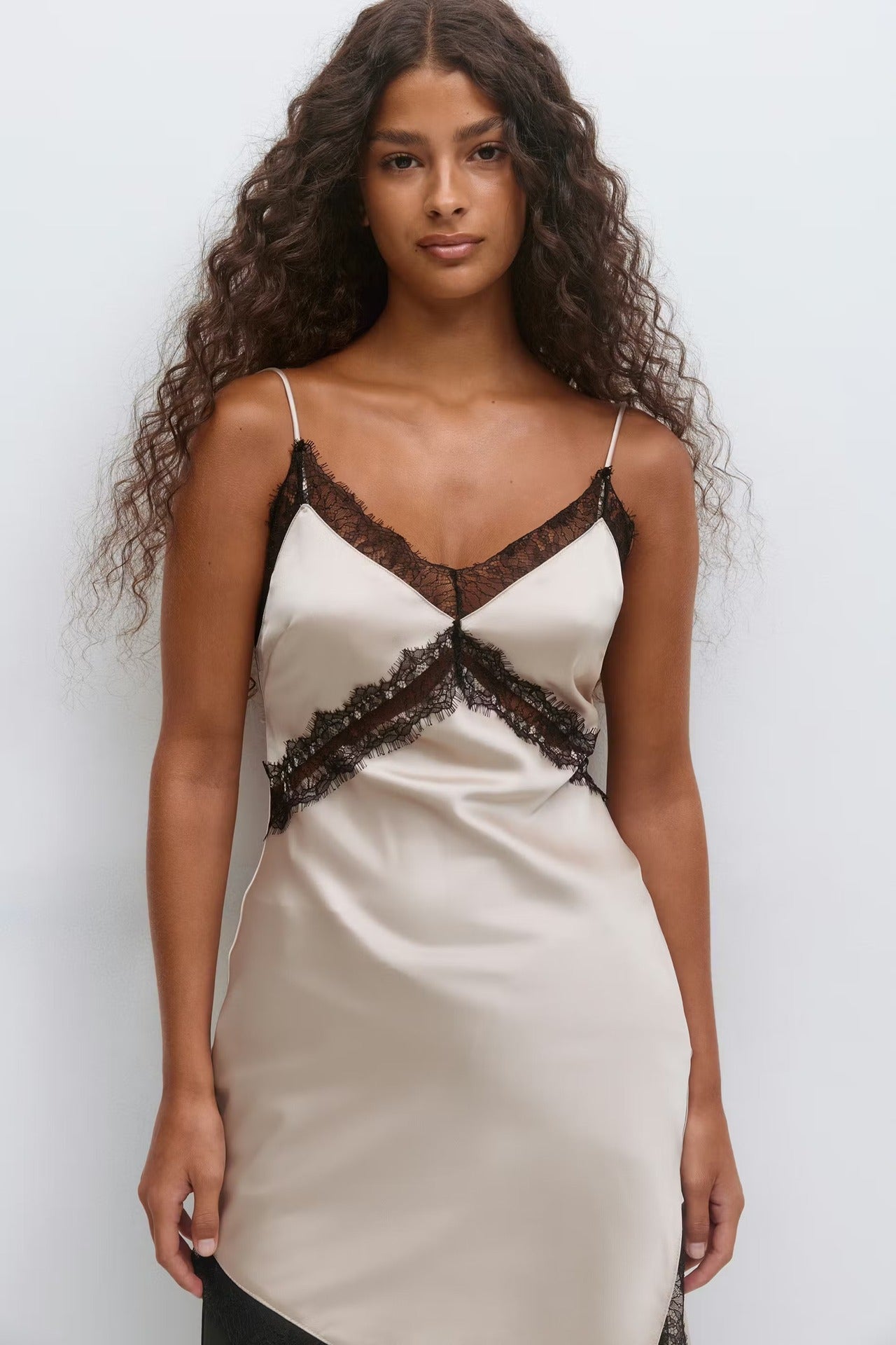 Fashion Satin Lace Asymmetrical Split Suspender Skirt