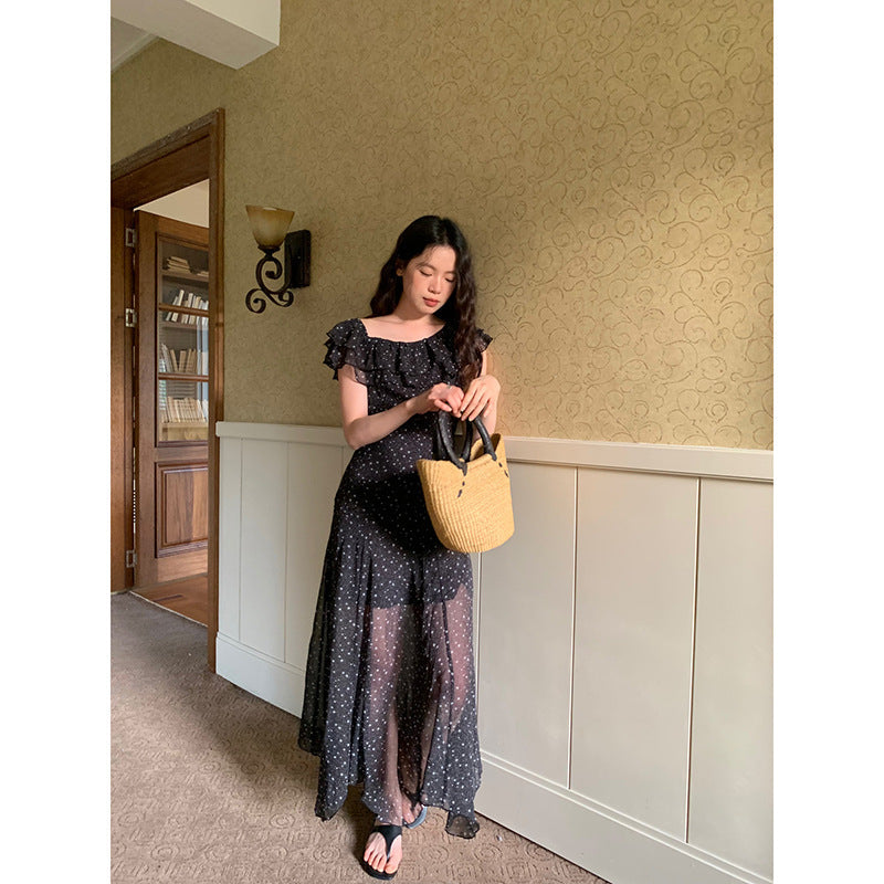 Summer French chiffon temperament polka dot long dress ruffle edge slanted shoulder dress