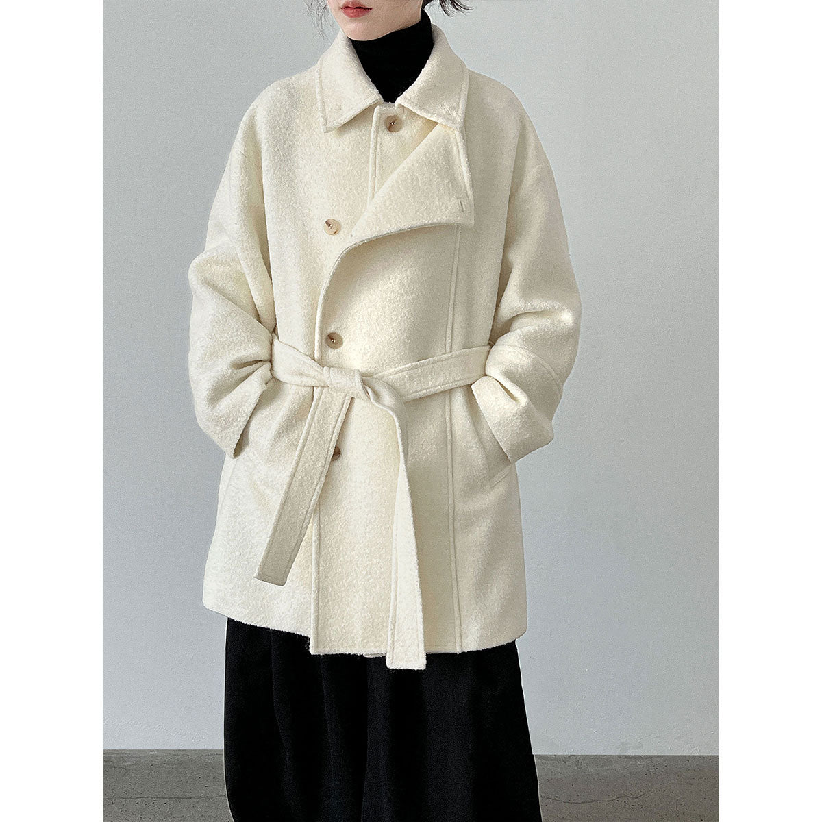Wool double-layer wide placket silhouette windproof heattech woolen coat women's winter new belt outwear