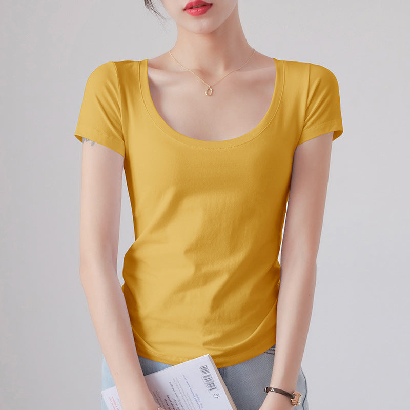 Round Neck Short Sleeve T-Shirt Women Slim Fit Cotton Base Layer Top