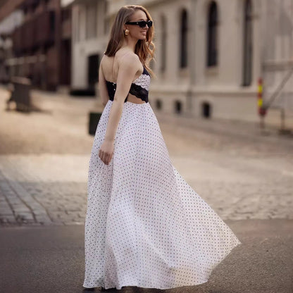 Lace splicing polka dot suspender split skirt French retro dress vacation style dress