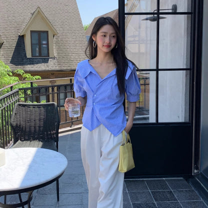 Temperament lapel irregular diagonal buckle waist thin shirt