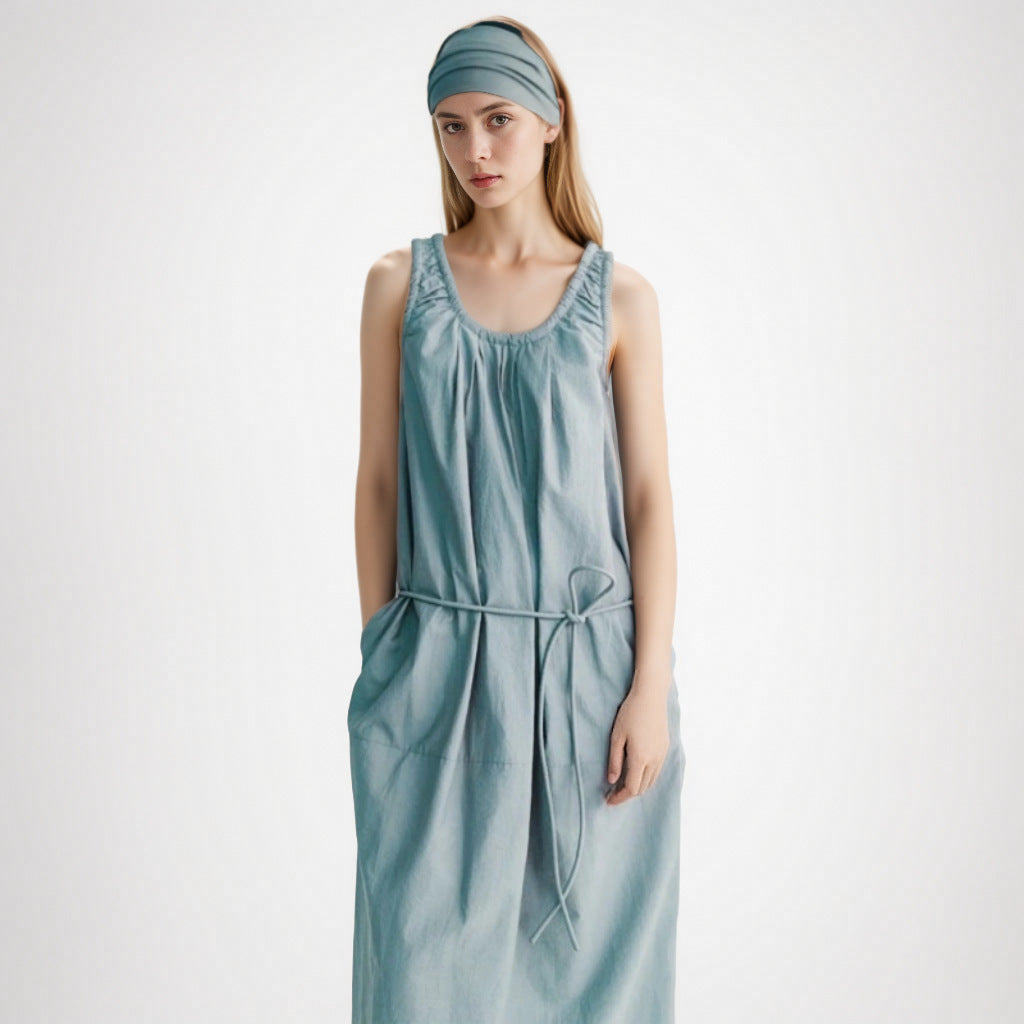 Versatile solid color temperament U-neck halter back pleated round rope vest dress