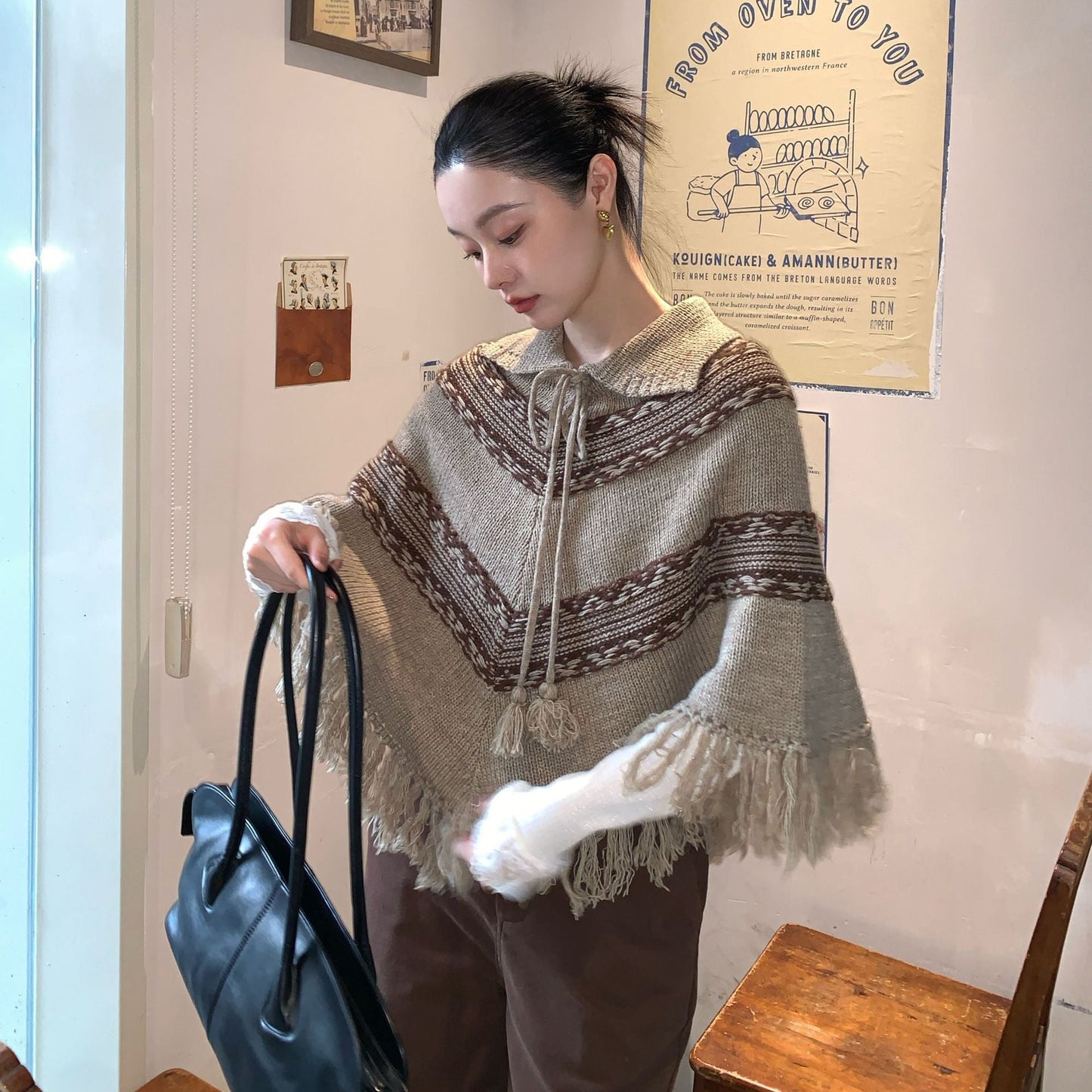 Literary retro fringed shawl sweater short jacket