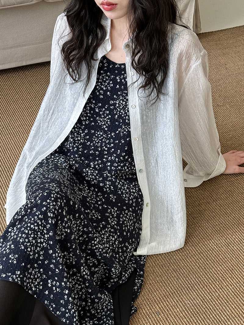 Korean simple texture glossy see-through shirt women's summer new sunscreen pearlescent cardigan jacket