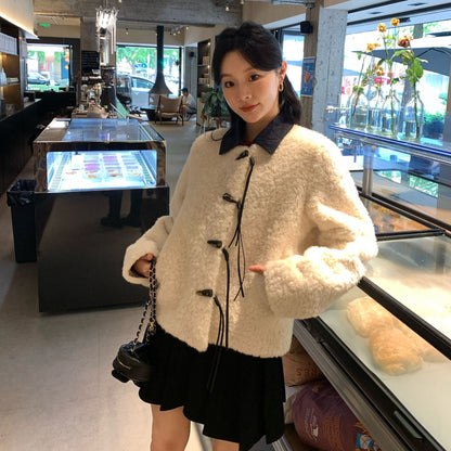 Corner buckle imitation fur pocket fur integrated plush warm jacket