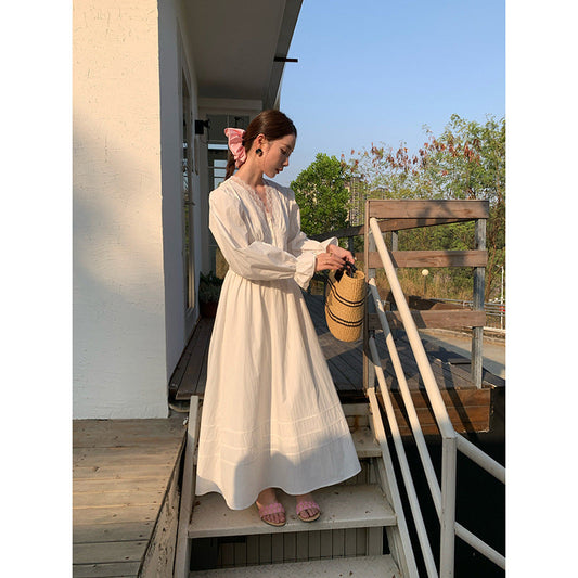 French V-Neck High Waist Long Dress