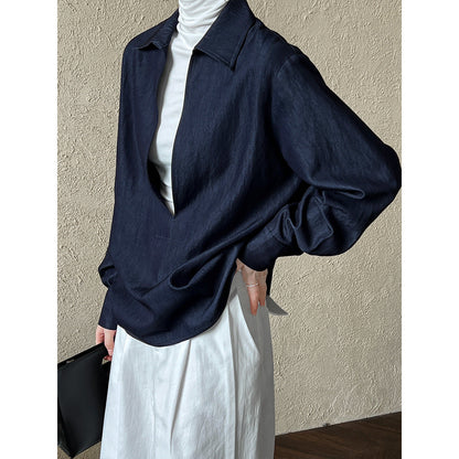 Light ripe long-sleeved V-neck shirt women's autumn new fashion imitation denim overlay top