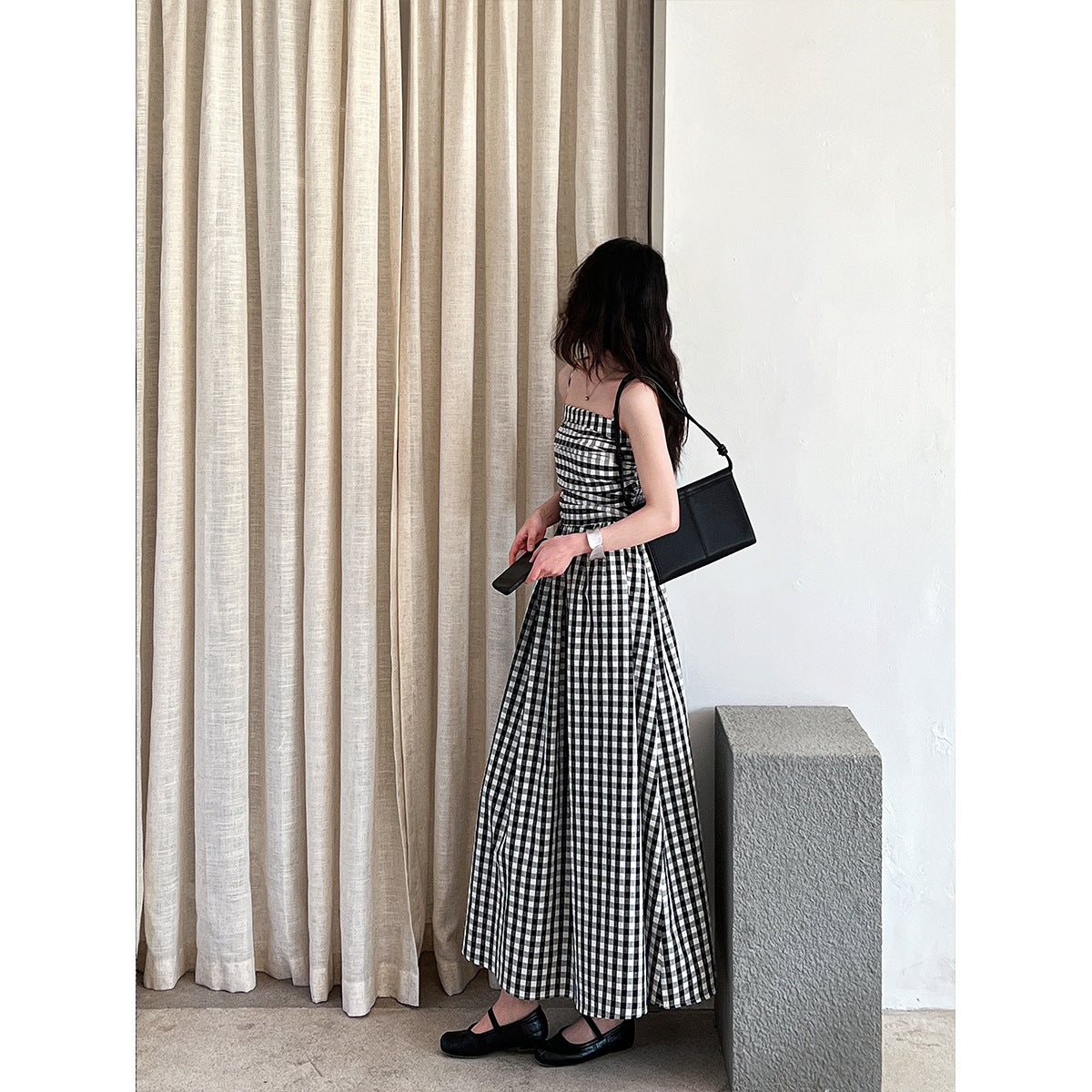 French high-end plaid tube top suspender dress women's spring off-the-shoulder pleated waist a-word long dress