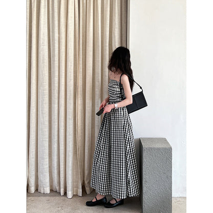 French high-end plaid tube top suspender dress women's spring off-the-shoulder pleated waist a-word long dress