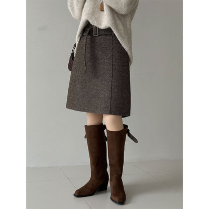 Retro high-waisted temperament and thin woolen skirt women's winter new belt versatile loose skirt