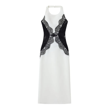 New fashionable and sexy neck splicing long dress backless socialite slim lace dress