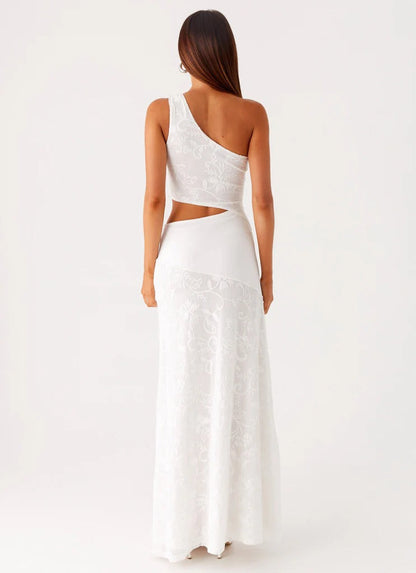Sexy lace stitching slanted shoulder hollow slim dress