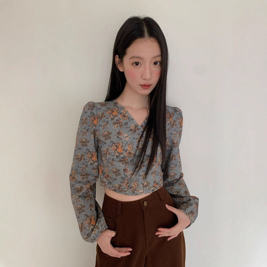 Floral shirt women's long-sleeved slim-fitting v-neck one-piece shirt