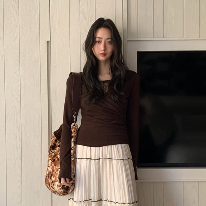 Sexy splicing lace slim neck long sleeve T-shirt