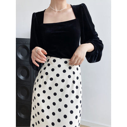 Black gold velvet square neck shirt women's autumn light ripe design bubble sleeve shirt revealing collarbone top