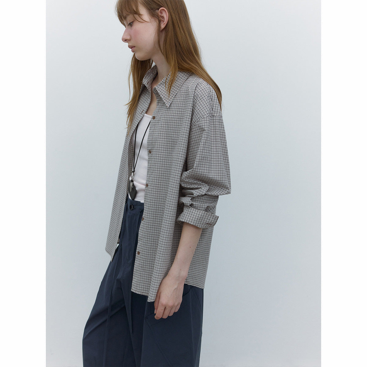 Autumn new casual lapel retro small plaid pure cotton versatile medium and long shirt