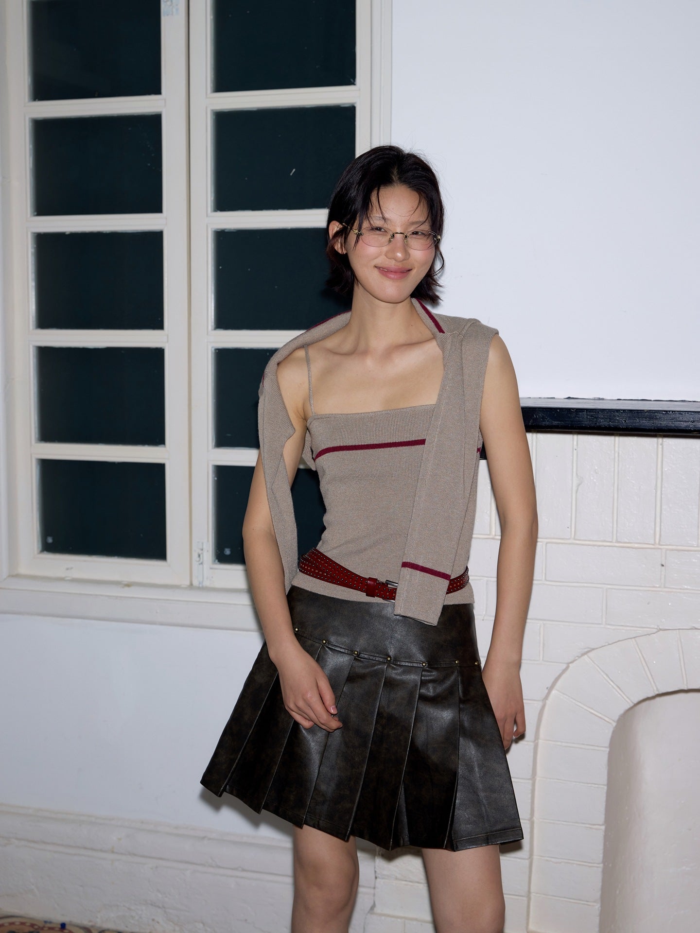 Wool contrasting color knitted sweater fine suspender vest pure wind inside and outside wear