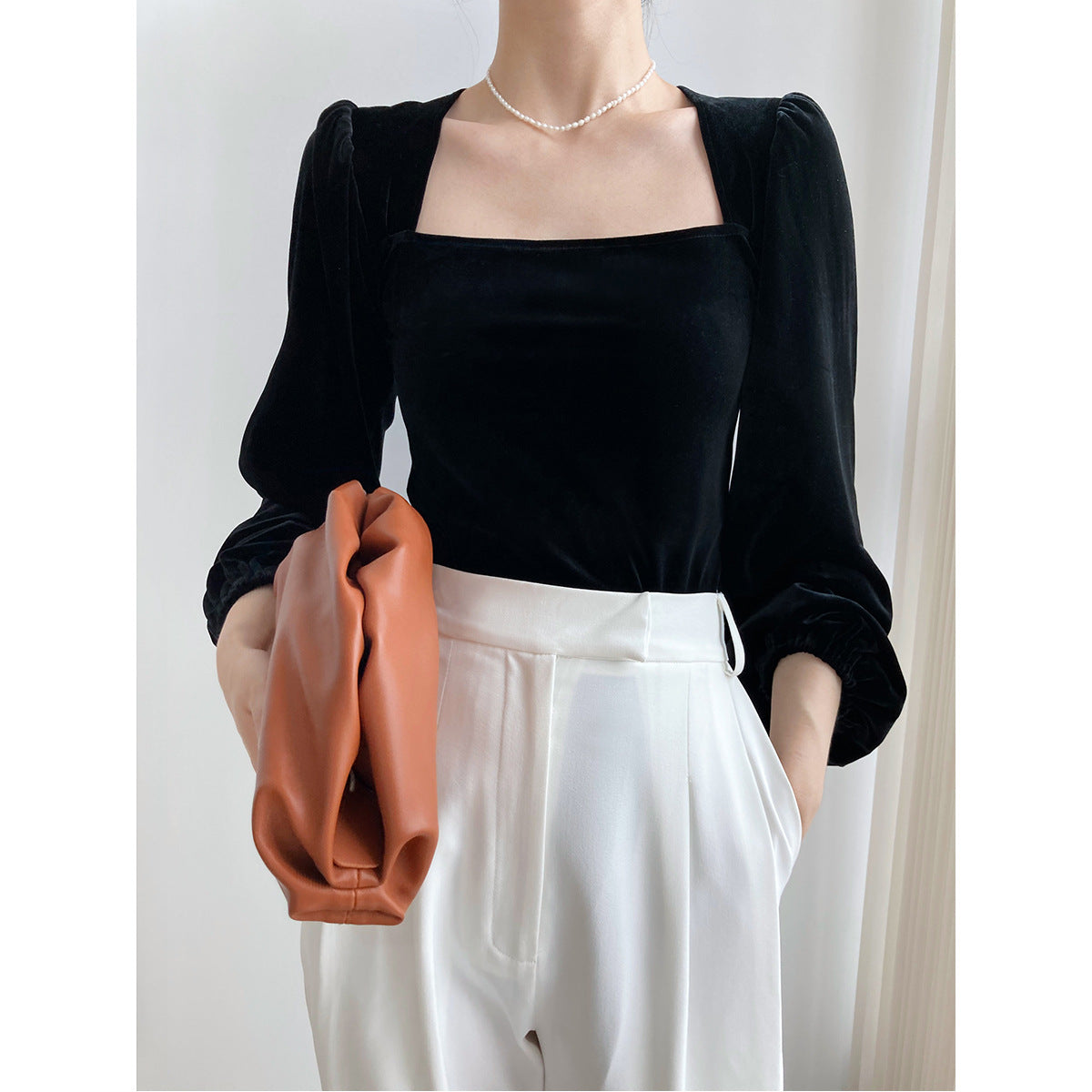 Black gold velvet square neck shirt women's autumn light ripe design bubble sleeve shirt revealing collarbone top