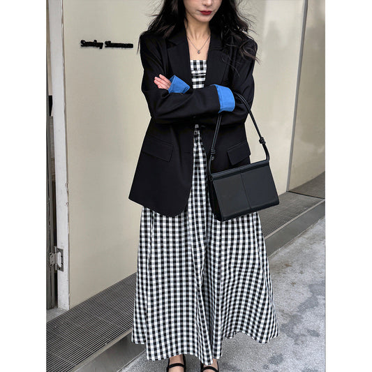 French high-end plaid tube top suspender dress women's spring off-the-shoulder pleated waist a-word long dress