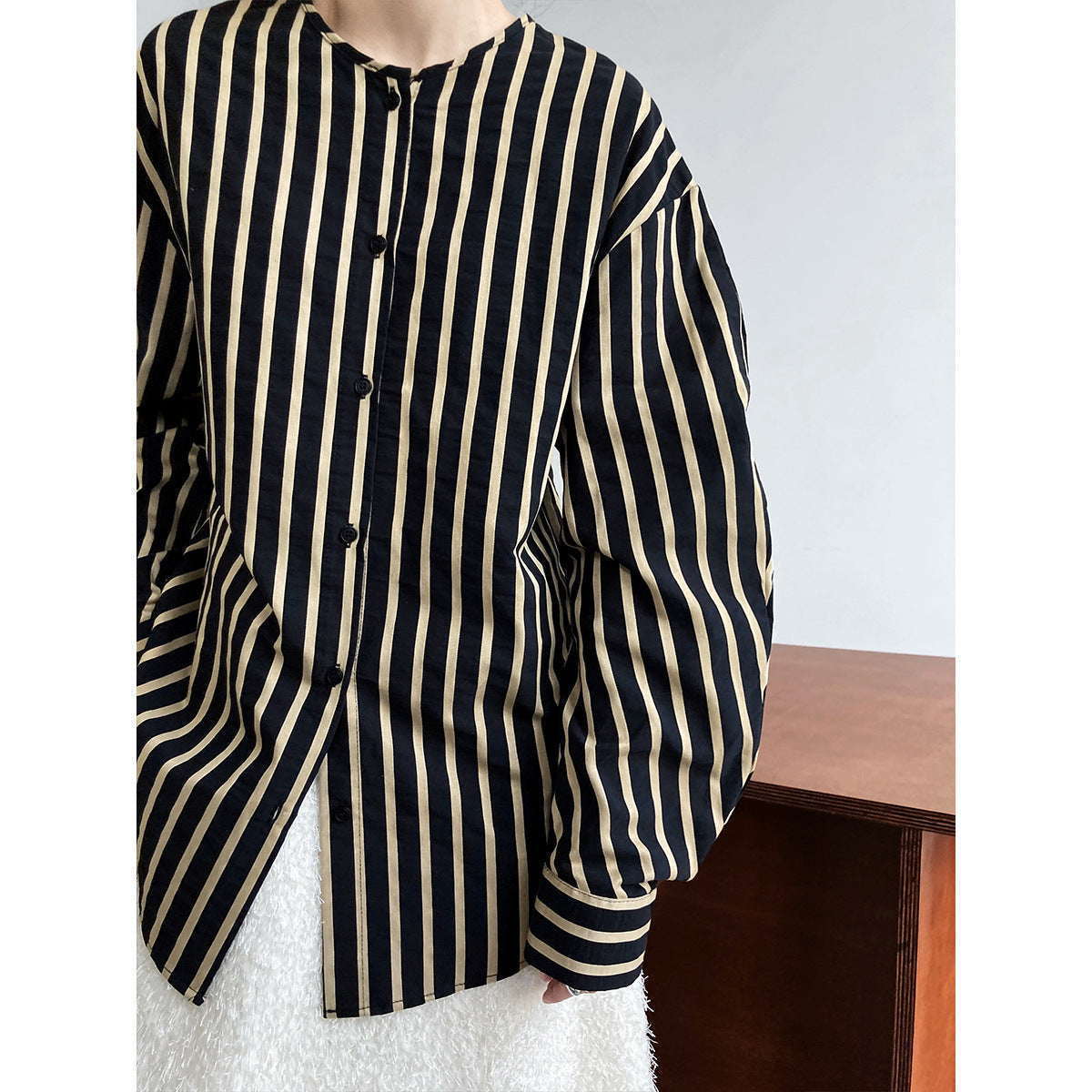 Springfrenchcasual round neck stripesshirt women's lazy loose long sleeves blogger classy shirt