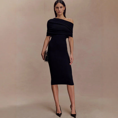 Slim fit solid color one-word shoulder dress